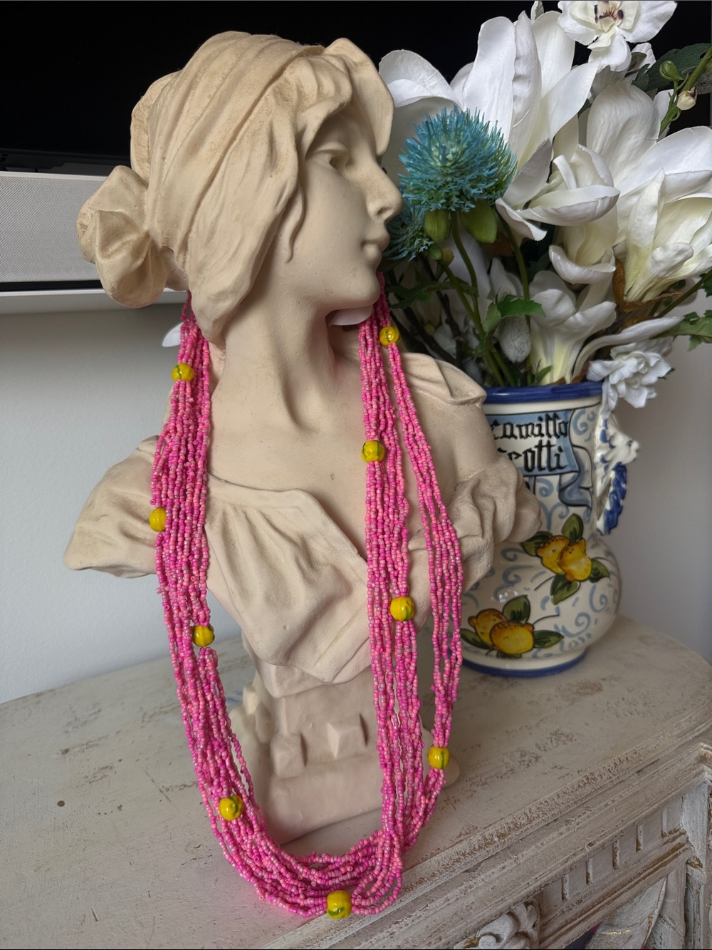 Anika Sartoria multi stranded Pink Beaded Necklace with Yellow Lemon Accents